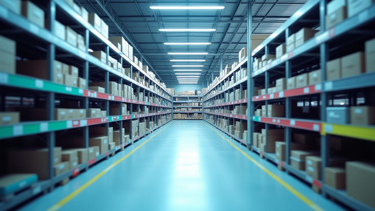 Modern warehouse aisle with vibrant color-coded labeling system