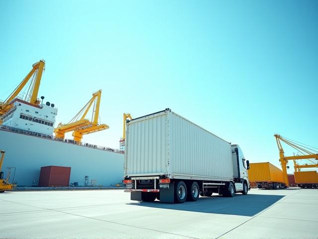 Illustration of cargo transshipment from ship to truck highlighting multi-modal logistics