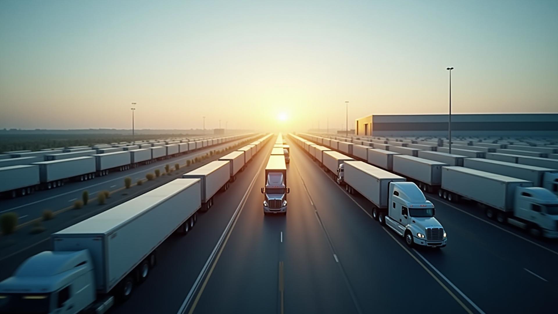 Modern logistics hub with cargo trucks and automated warehouse