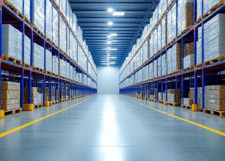Large scale distribution center full of organized pallets